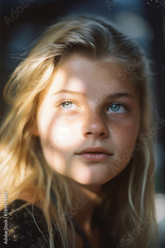 Portrait of beautiful blonde girl with piercing blue eyes, ai generative