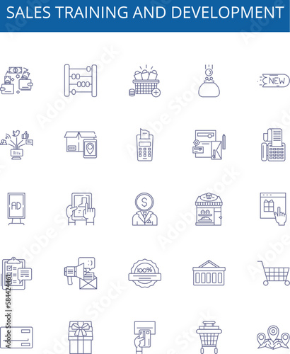 Sales training and development line icons signs set. Design collection of sales, training, development, strategy, technique, skill, knowledge, communication outline concept vector illustrations