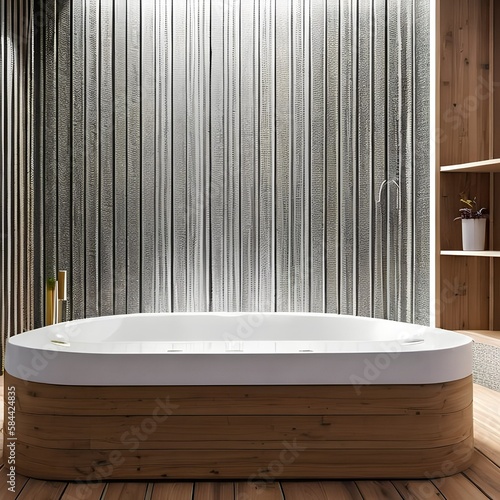 A luxurious and spacious bathroom with a Jacuzzi tub, sauna, and rain shower2, Generative AI photo