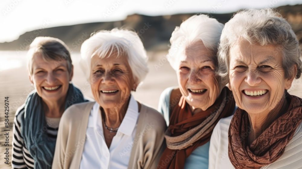 Group of smiling seniors at the beach looking at the camera. Generative AI Group of smiling seniors at the beach looking at the camera. Generative AI