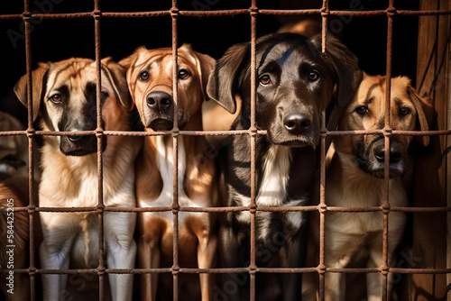 Sad large dogs caught in cage. Generative AI © Firn