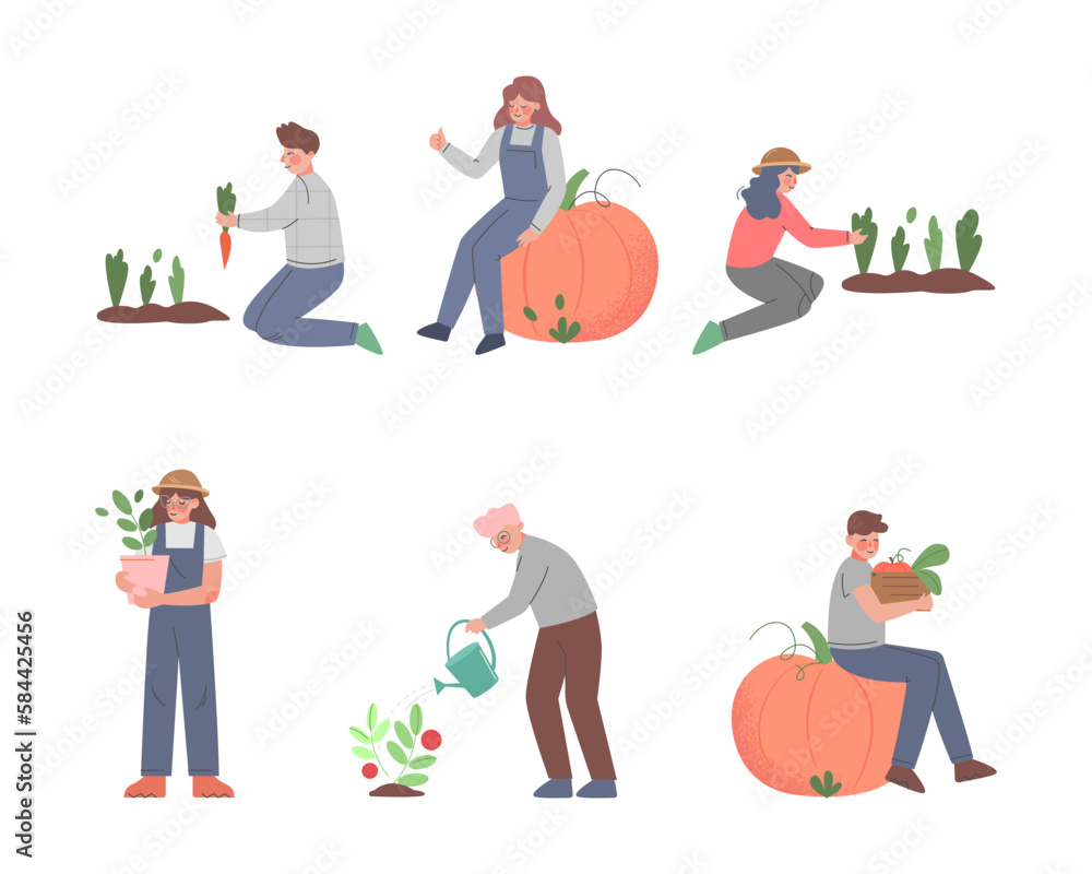 Naklejka premium Male and Female Farmer Working in Garden Vector Set