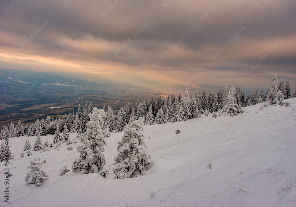 Fantastic evening winter landscape. Dramatic overcast sky.  Beauty world. Hiking in the mountains, a healthy lifestyle
