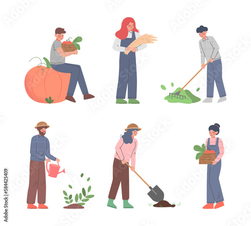 Male and Female Farmer Working in Garden Vector Set