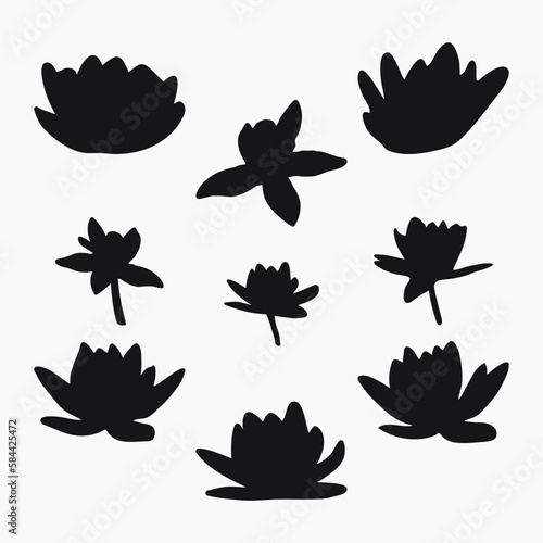 Real modern silhouettes plants, herbs. Drawing flowers water lily, nymphaea. Flat design art design template.