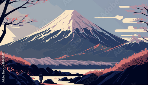 Mount fuji vector art. Japanese landmark. Beautiful mountain, volcan in Japan. Snowing scenery. Tourist, travel destination. Places to visit in Japan. Flat artwork of sacred place. Beautiful postcard
