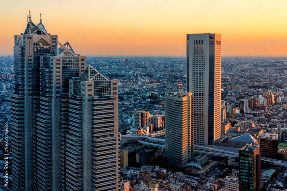 Obraz premium Skyscrapers towering over the cityscape of Nishi-Shinjuku, Tokyo, Japan at sunset