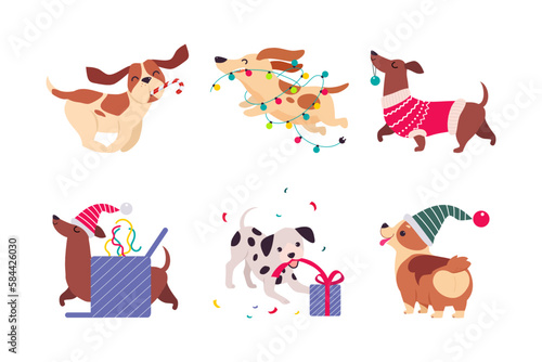 Cute Dogs of Different Breed Celebrating Christmas Vector Set