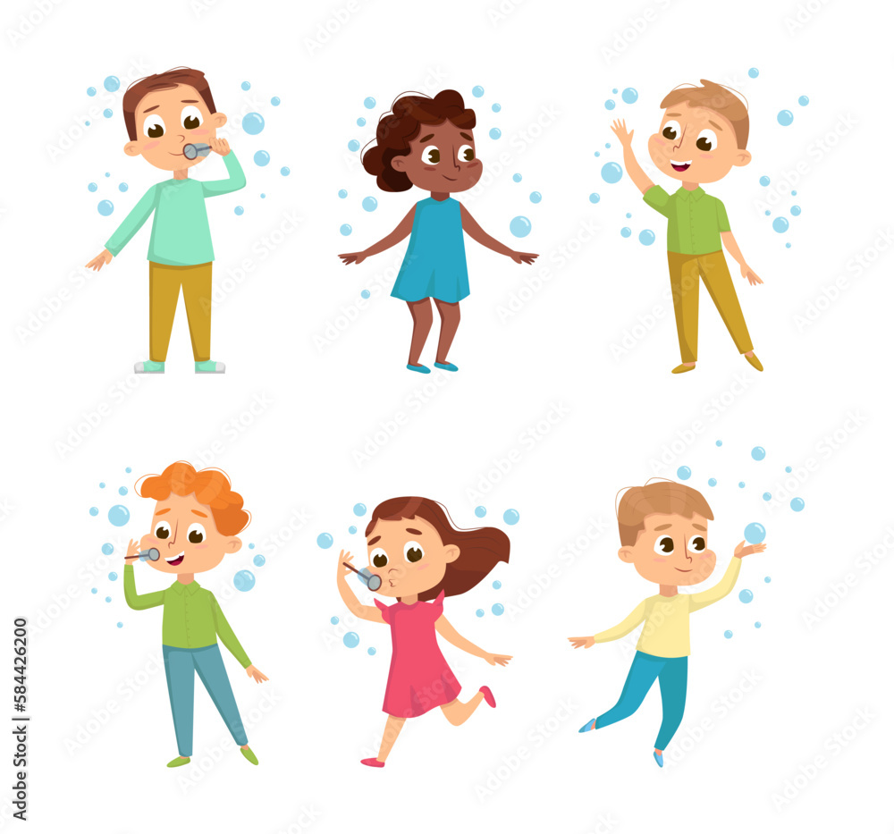 Funny Boy and Girl Playing with Soap Bubbles Vector Set Funny Boy and Girl Playing with Soap Bubbles Vector Set