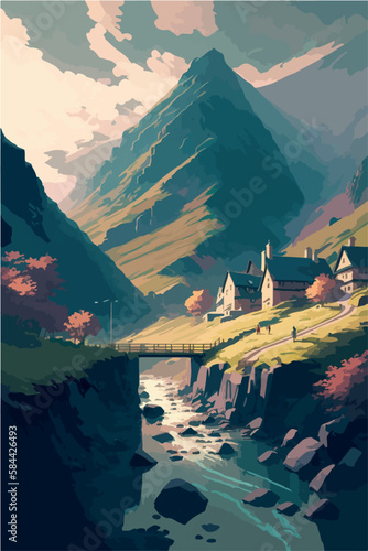 Fantastic mountain village. Town in the mountains. Magical vector art illustration. Painting of colorful scenery. Impressive game design concept. Cartoon forest outdoors. Magic hills and rocks. 