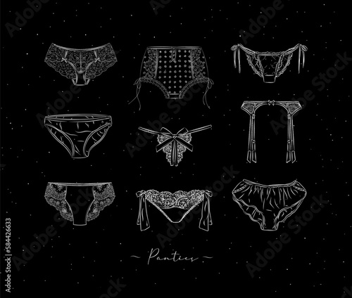 Lace sexy panties collection drawn in graphic style on peach black background