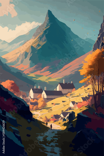 Fantastic mountain village. Town in the mountains. Magical vector art illustration. Painting of colorful scenery. Impressive game design concept. Cartoon forest outdoors. Magic hills and rocks. 