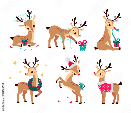Baby Reindeer with Antler with Gift Box and Wreath Vector Set