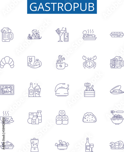 Gastropub line icons signs set. Design collection of Pub, Gastro, Drink, Kitchen, Restaurant, Food, Beer, Wine outline concept vector illustrations