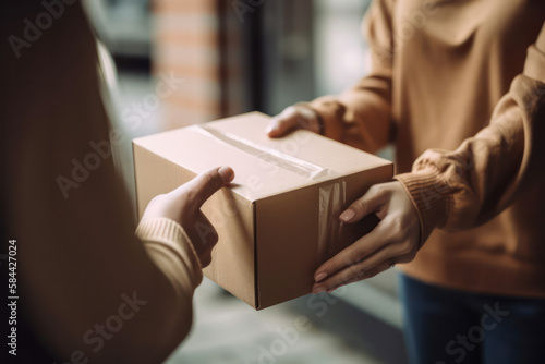 A man's hand gives an empty recycled paper cardboard box shopping for a woman. Delivery box mockup for branding design concept. generative AI © Margo_Alexa