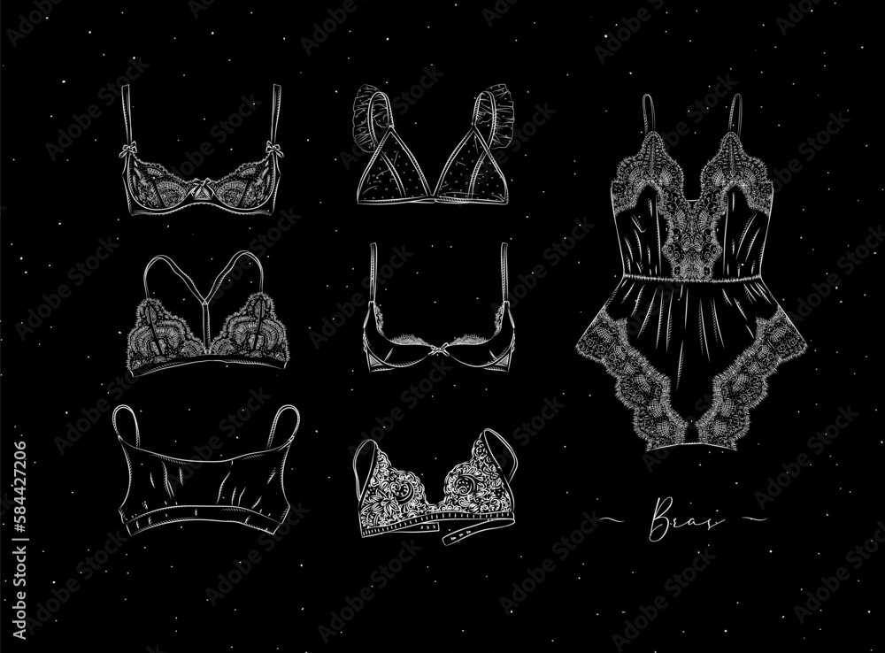 Lace sexy bras collection drawn in graphic style on black color background