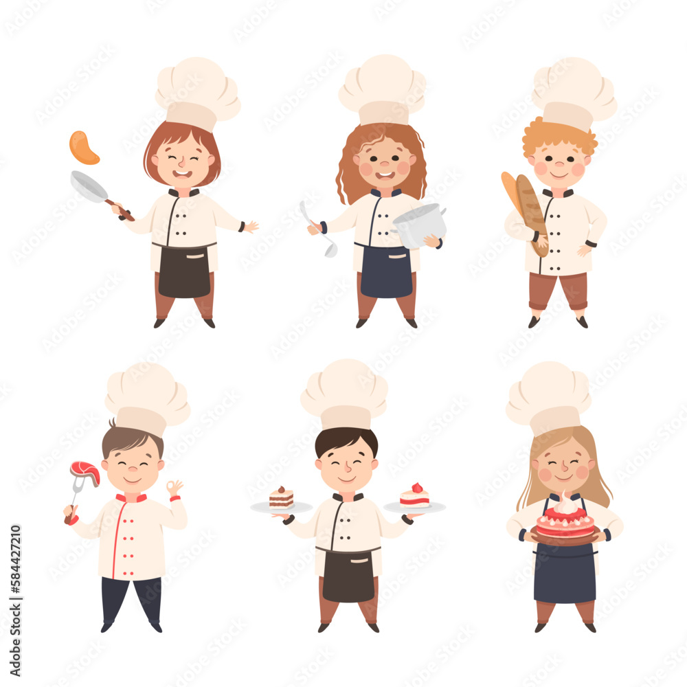 Children Chef in White Toque and Uniform Enjoying Culinary and Cookery Vector Set Children Chef in White Toque and Uniform Enjoying Culinary and Cookery Vector Set