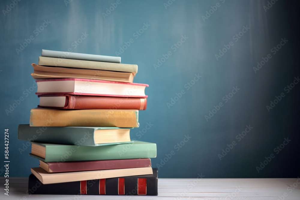 Stack of books on a blue background, with copy space. Created with generative AI. Stack of books on a blue background, with copy space. Created with generative AI.