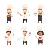 Children Chef in White Toque and Uniform Enjoying Culinary and Cookery Vector Set