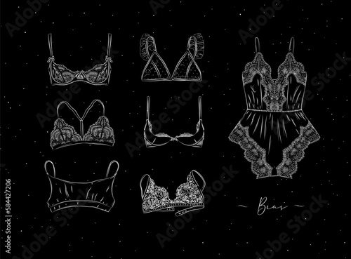 Obraz na płótnie Lace sexy bras collection drawn in graphic style on black color background w salonie