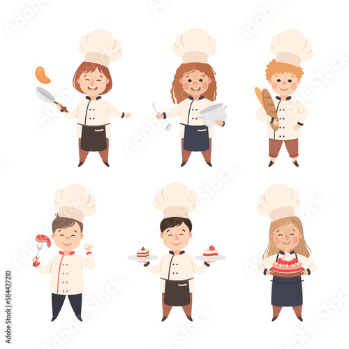 Children Chef in White Toque and Uniform Enjoying Culinary and Cookery Vector Set