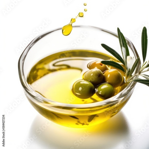 Olive oil in glass bowl isolated on white background with drop of olive oil and olives.