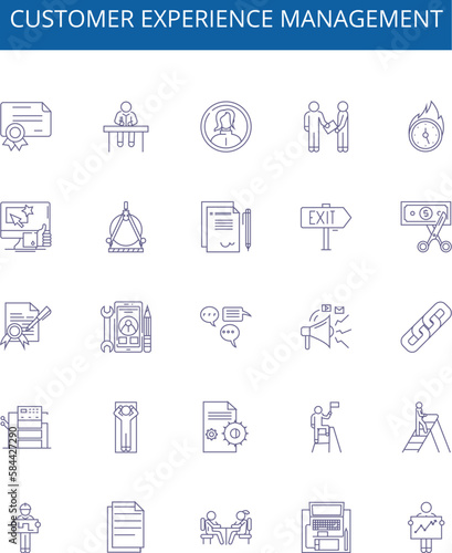 Customer experience management line icons signs set. Design collection of Customer, Experience, Management, Improvement, Engagement, Feedback, Data, Processes outline concept vector illustrations