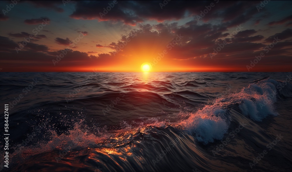  the sun is setting over the ocean with a wave in the foreground.  generative ai