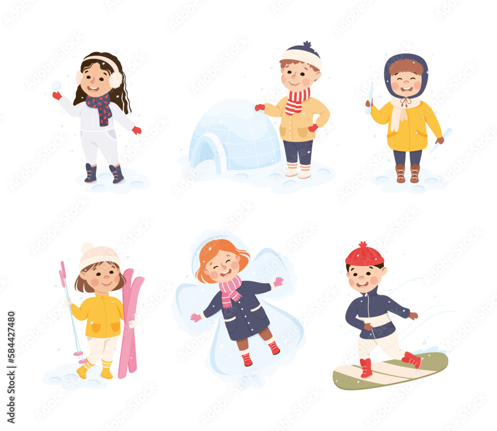 Excited Boy and Girl Enjoying Winter Outdoor Activity Vector Set Excited Boy and Girl Enjoying Winter Outdoor Activity Vector Set