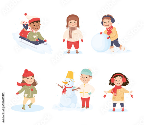 Excited Boy and Girl Enjoying Winter Outdoor Activity Vector Set