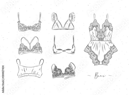 Lace sexy bras collection drawn in graphic style on white color background photo