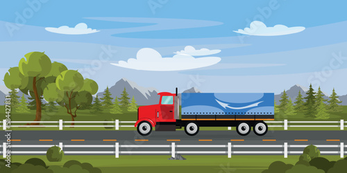 Vector illustration a truck rides along the highway. Surrounded by trees, roadside bumpers, under clear skies, and mountains looming in the distance.