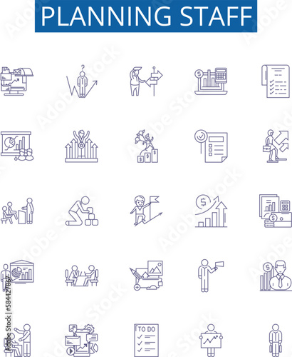 Planning staff line icons signs set. Design collection of Staffing, Planning, Organization, Scheduling, Assignment, Human, Resources, Team outline concept vector illustrations