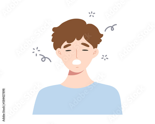 Sleepy man isolated on white background. Concept of insomnia, sleepyhead, early wake up, morning, yawning, sleepy face. Flat vector illustration character.