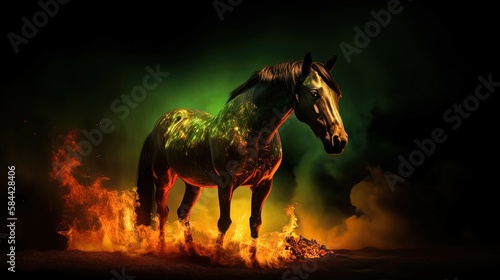 nightmare horse with burning flame on ground, Generative Ai © QuietWord