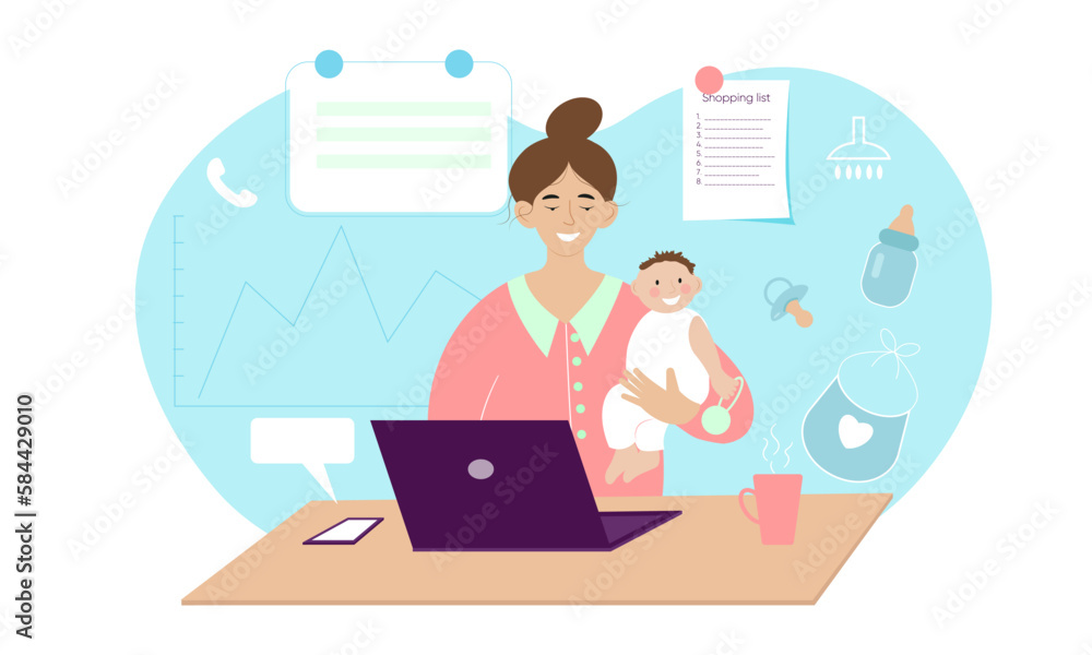Woman freelancer working from home with child. Balance between work and motherhood Woman freelancer working from home with child. Balance between work and motherhood