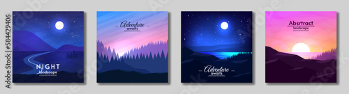 Vector illustration. Flat style. Set landscapes card. Geometric illustrations, minimalistic design for card, banner, postcard, gift card, touristic card. 