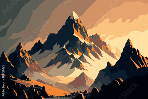 Mountain scenery. Landscape wallpaper of beautiful moutain design. Vector art of picturesque outdoor. Graphic design of rocks. Amazing view. Minimal adventure and travel card or poster. Natural view.
