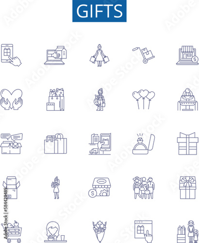 Gifts line icons signs set. Design collection of Presents, Favors, Souvenirs, Offerings, Tokens, Bonuses, Packages, Gratuity outline concept vector illustrations
