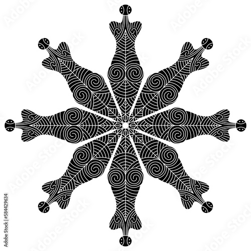 Round star shape mandala with female figurines from Cucuteni. Neolithic tattooed goddess. Black and white negative silhouette. Trypillia culture. photo