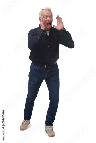 screaming man with open mouth and raised arms on white background