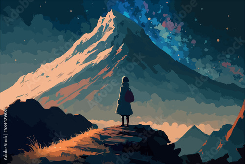 Milky way over the mountain. Fantasy magical landscape. Vector art painting of hand drawn scenery. Concept art for video games. Moody and romantic night sky. Stars and snowy mountains. Nature forest.