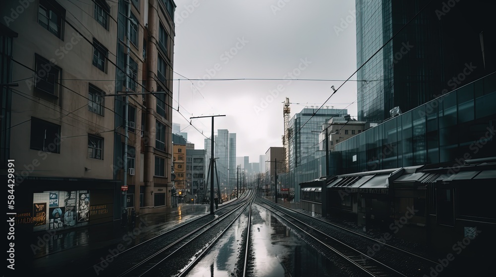 long railway pass through urban city with nobody, bad weather day, Generative Ai