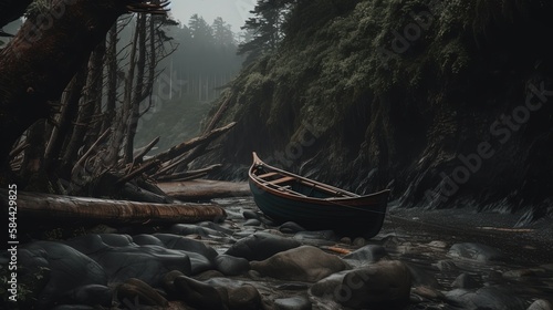 a wooden boat on water steam shore in middle of green rainforest  