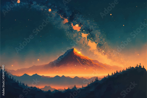 Milky way over the mountain. Fantasy magical landscape. Vector art painting of hand drawn scenery. Concept art for video games. Moody and romantic night sky. Stars and snowy mountains. Nature forest.