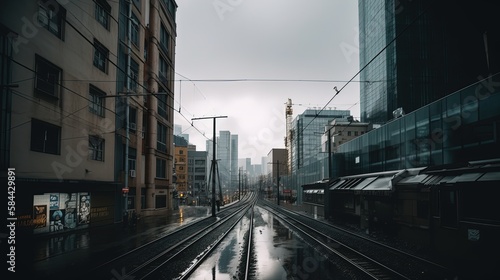 long railway pass through urban city with nobody, bad weather day, Generative Ai