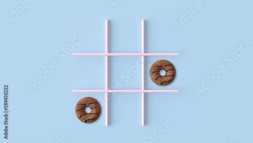 Playing in tik tak toe game with chocolate and pink strawberry donuts. Creative animation for bakery. Top view, flat lay, pastel colors. Looped video, play game with sweet dessert