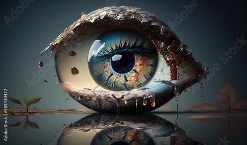  an artistic image of a blue eye with tears on it. generative ai