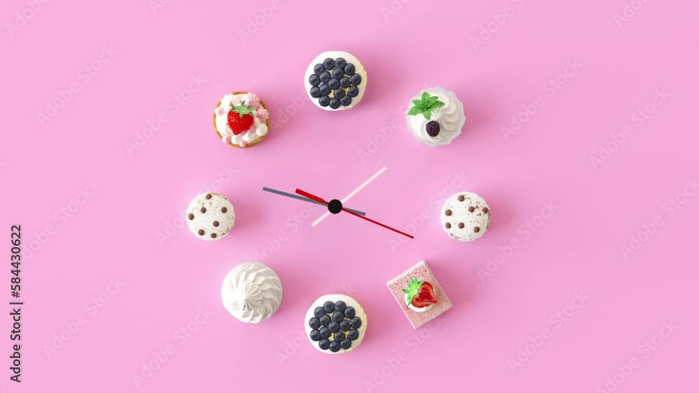 Creative concept time to eat dessert. Small different cakes assortment with meringues in round, in shape of clock, sweet time idea. Isolated on pastel pink background. 3d render illustration. Creative concept time to eat dessert. Small different cakes assortment with meringues in round, in shape of clock, sweet time idea. Isolated on pastel pink background. 3d render illustration.