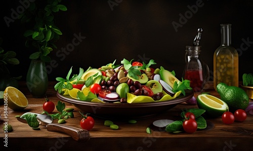  a bowl of salad with olives, tomatoes, avocado, and limes. generative ai